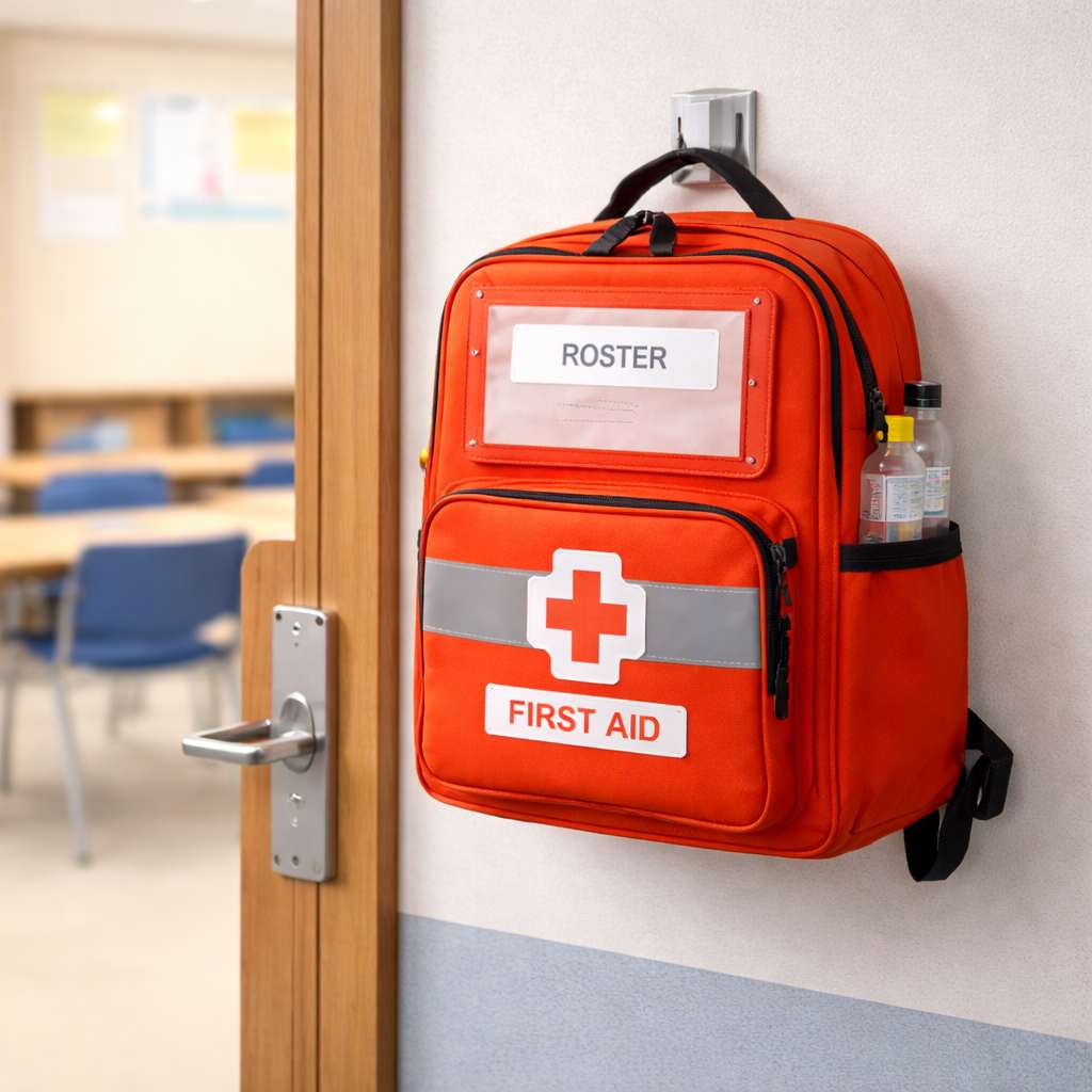 A dedicated orange emergency go-kit backpack mounted on a wall next to a classroom door exit for fast access.